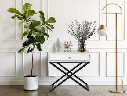 Koda - Wooden End Side Table Nightstand With Glass Top, Drawer And Metal Cross Base - White