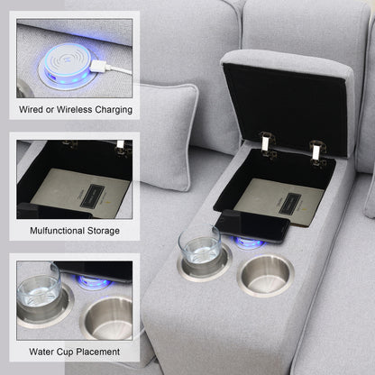 Upholstered Sofa With Console, 2 Cupholders And 2 USB Ports Wired Or Wirelessly Charged, Modern Linen Fabric Couches With 4 Pillows (4 Seat) - Light Gray