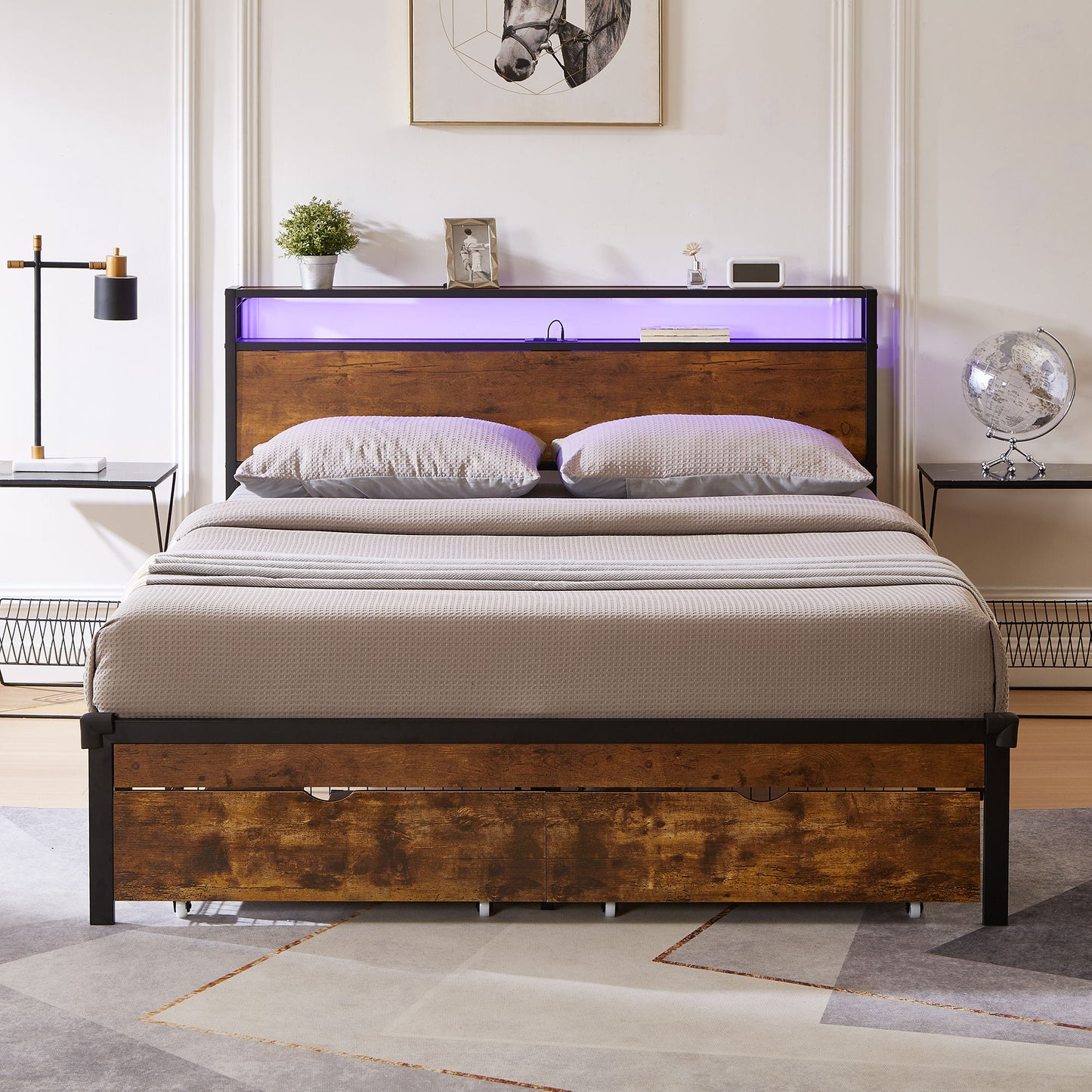 Queen Size Modern Metal Platform Bed Frame With Wooden Headboard And Footboard, USB Charging Station, LED Lights, And 2 Drawers, No Box Spring Needed - Brown / Black