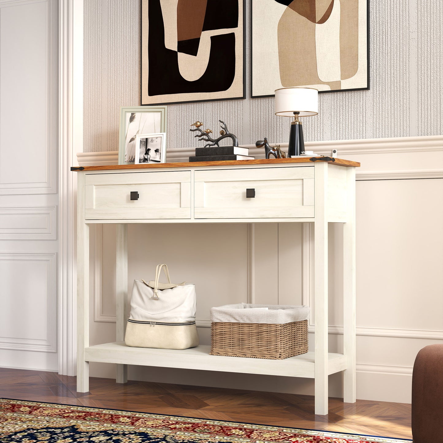Farmhouse Style Console Table With 2 Drawers And Bottom Storage Shelf - Antique White