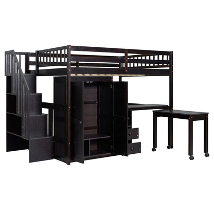 Full Size Loft Bed With Stairs, Bookshelf, Drawers, Desk & Wardrobe, Space Saving Multifunctional Furniture - Espresso