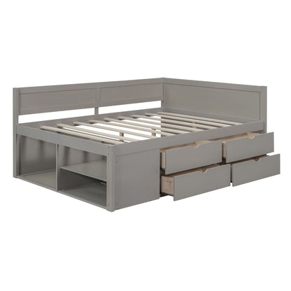 Full Size Daybed With Drawers And Shelves - Gray