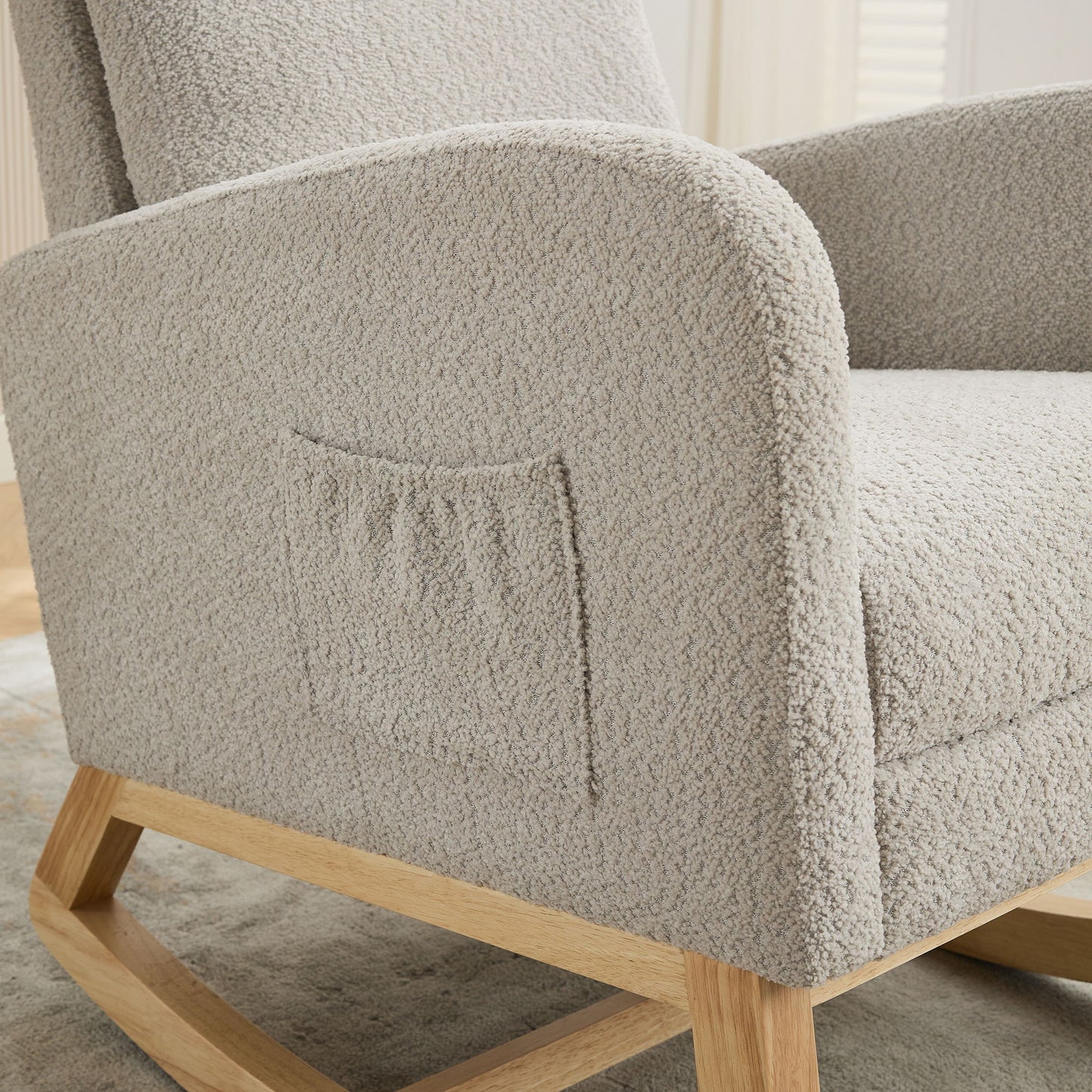 Rocking Chair For Nursery, High Back Glider Chair With Retractable Footrest, Side Pocket, Rocking Accent Armchair With Rubber Wood Legs For Living Room / Bedroom - Light Gray