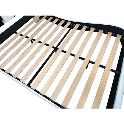 King Size Upholstered Platform Bed Frame With LED Lighting, Bluetooth Connection To Play Music Control, Backrest Vibration Massage, Curve Design, Wood Slat Support, Exhibited Speakers - White