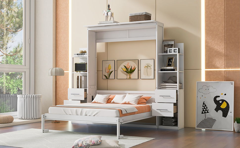 Queen Size Murphy Wall Bed With Shelves, Drawers And LED Lights - White