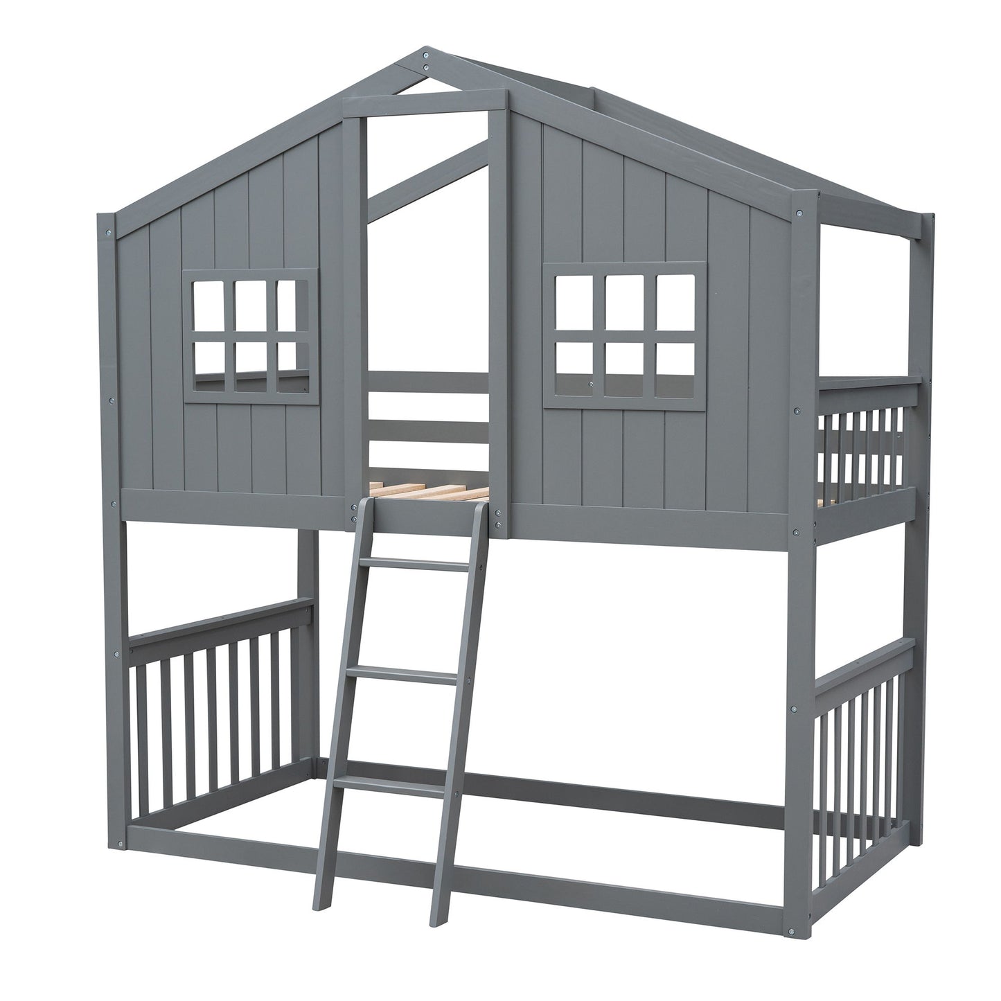 Twin Over Twin House Bunk Bed With Ladder - Gray
