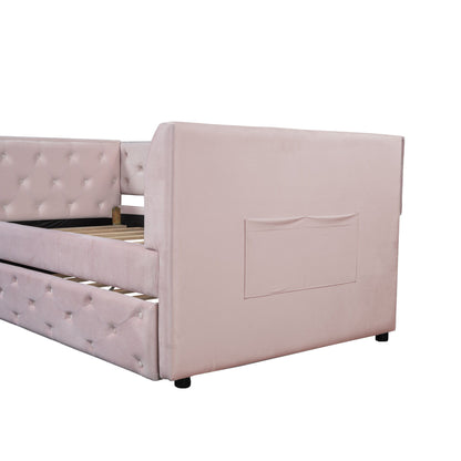 Twin Size Upholstered Tufted Daybed With Trundle - Pink