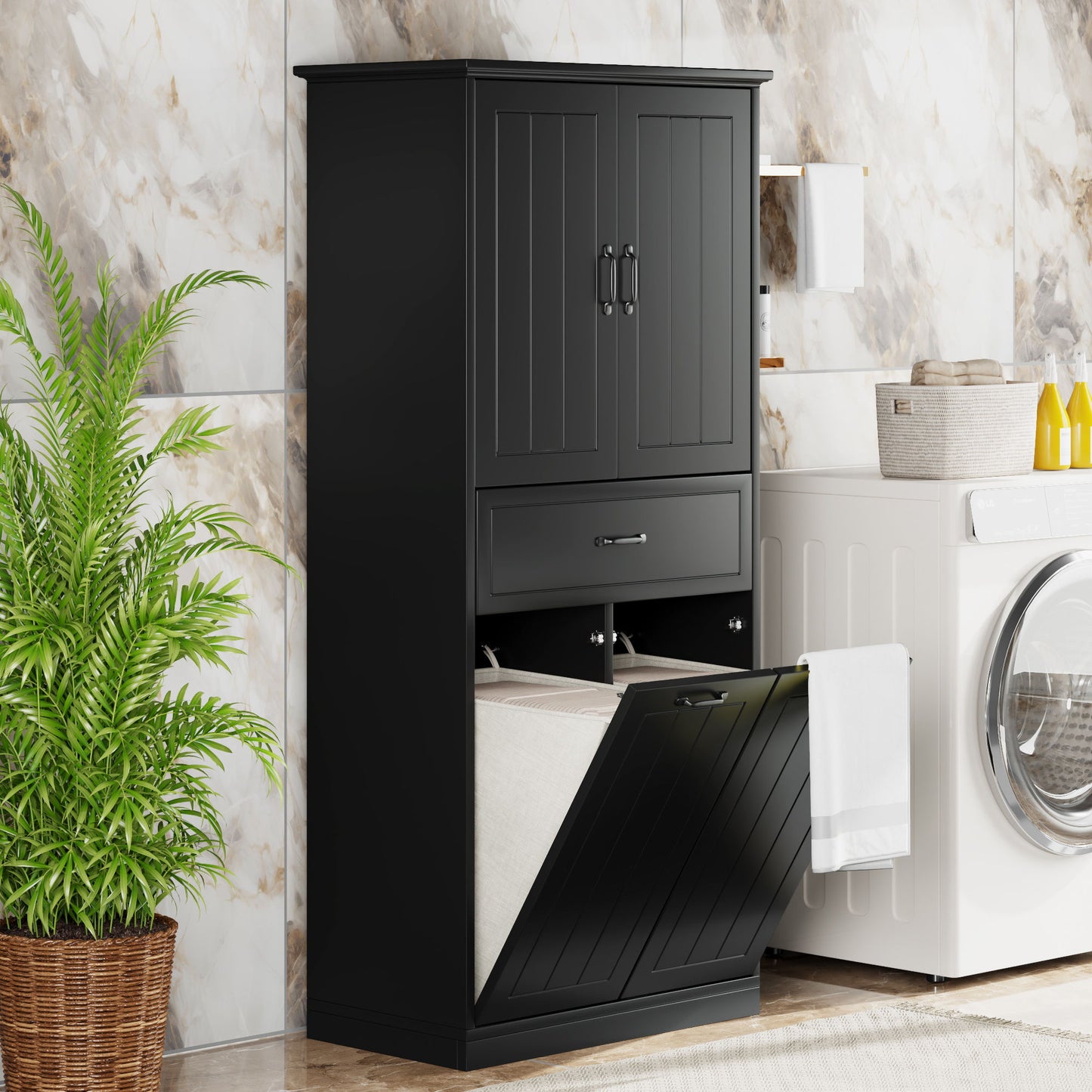 Stylish Bathroom Storage Cabinet With 2 Laundry Baskets And Drawer - Black