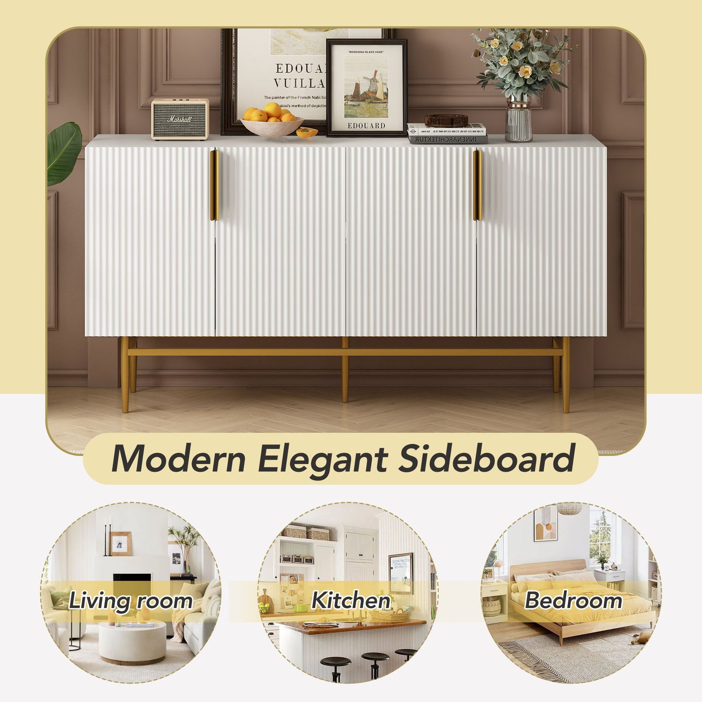 Modern Elegant 4 Door Sideboard Gold Metal Handle Buffet Cabinet For Dining Room, Living Room, Bedroom, Hallway - White