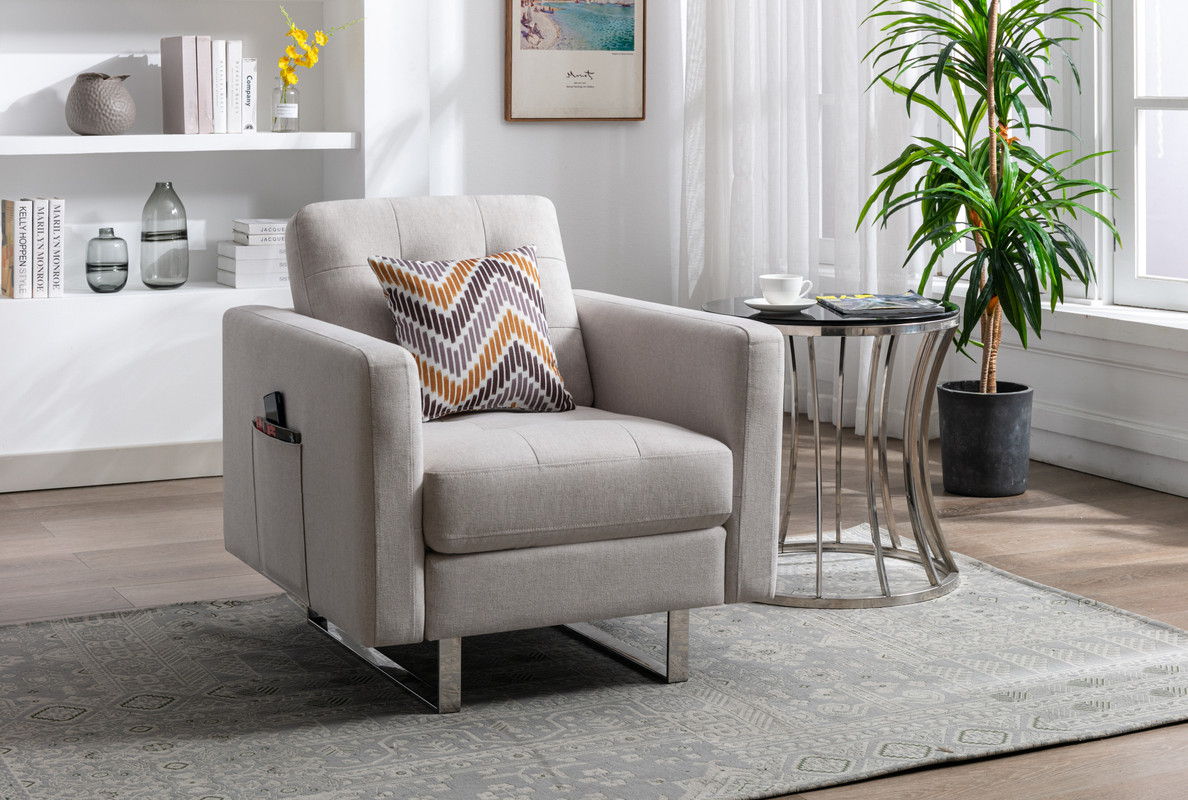 Victoria - Linen Fabric Armchair With Metal Legs, Side Pockets, And Pillow - Beige