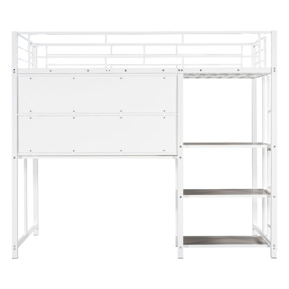 Twin Size Loft Bed With Desk And Whiteboard, Loft Bed With 3 Shelves And Ladder - White