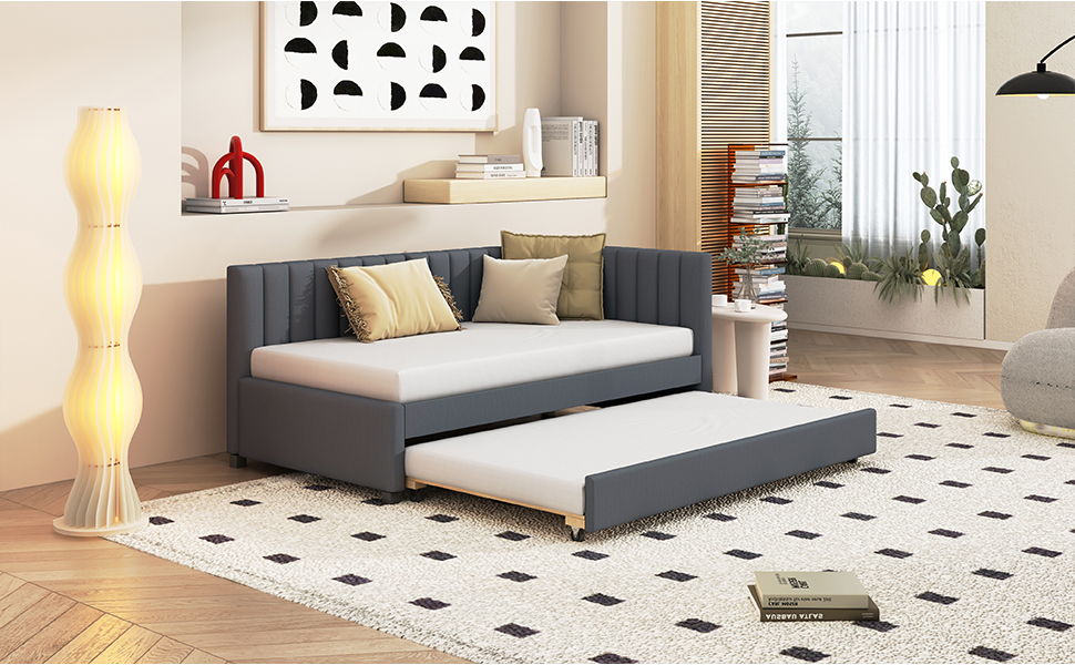Upholstered Daybed With Trundle Twin Size Sofa Bed Frame No Box Spring Needed, Linen - Gray