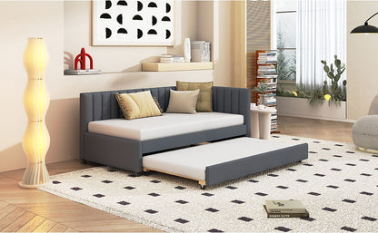 Upholstered Daybed With Trundle Twin Size Sofa Bed Frame No Box Spring Needed, Linen - Gray