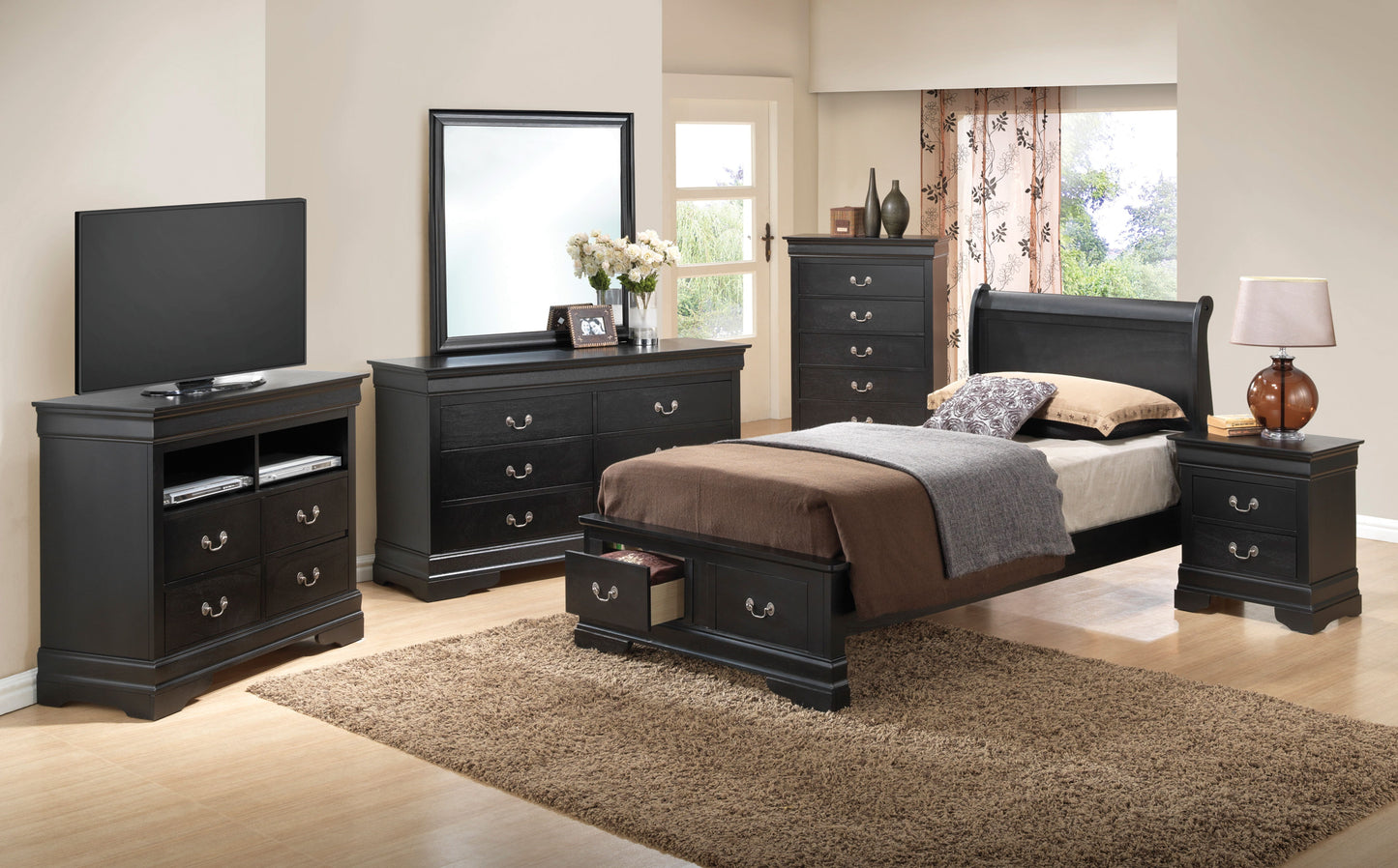 Louis Phillipe - Twin Elegant Storage Bed - Black