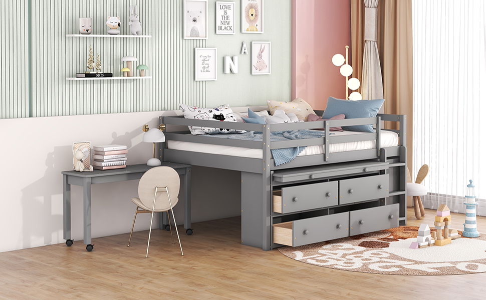 Full Size Loft Bed With Retractable Writing Desk And 4 Drawers, With Lateral Portable Desk And Shelves - Gray
