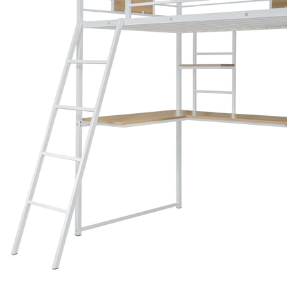 Twin Size Loft Bed With L Shape Desk And Wardrobe - White