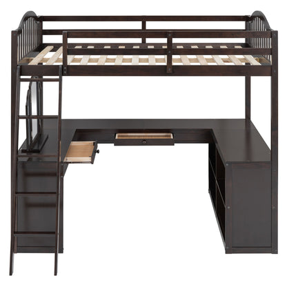 Full Loft Bed With U Shaped Desk, Storage Compartments And Tri Fold Mirror - Espresso