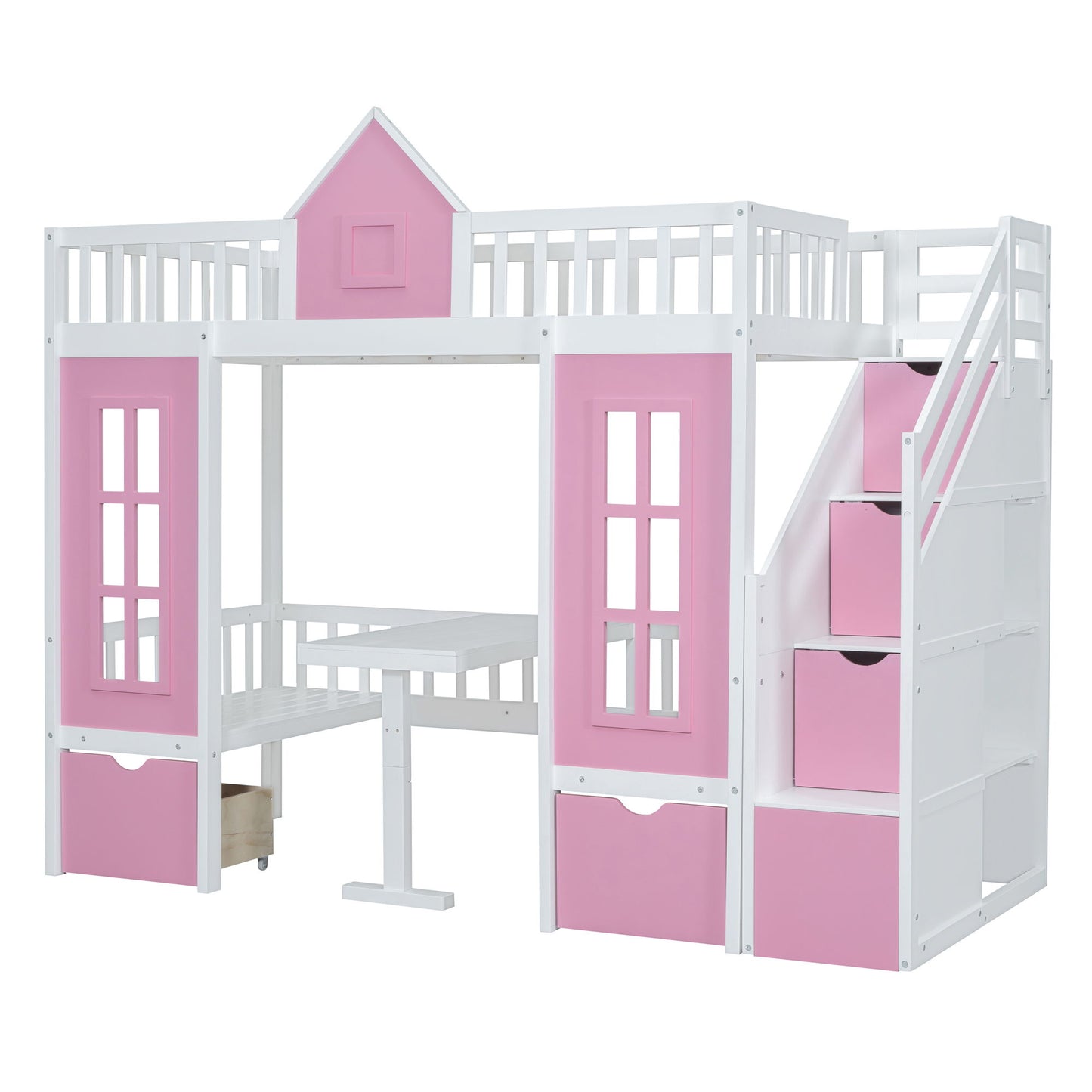 Twin Over Twin Bunk Bed With Changeable Table, Bunk Bed Turn Into Upper Bed And Down Desk - Pink
