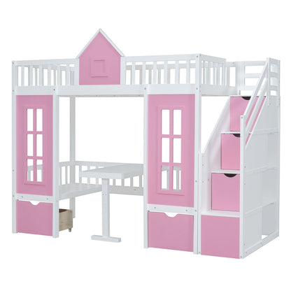 Twin Over Twin Bunk Bed With Changeable Table, Bunk Bed Turn Into Upper Bed And Down Desk - Pink