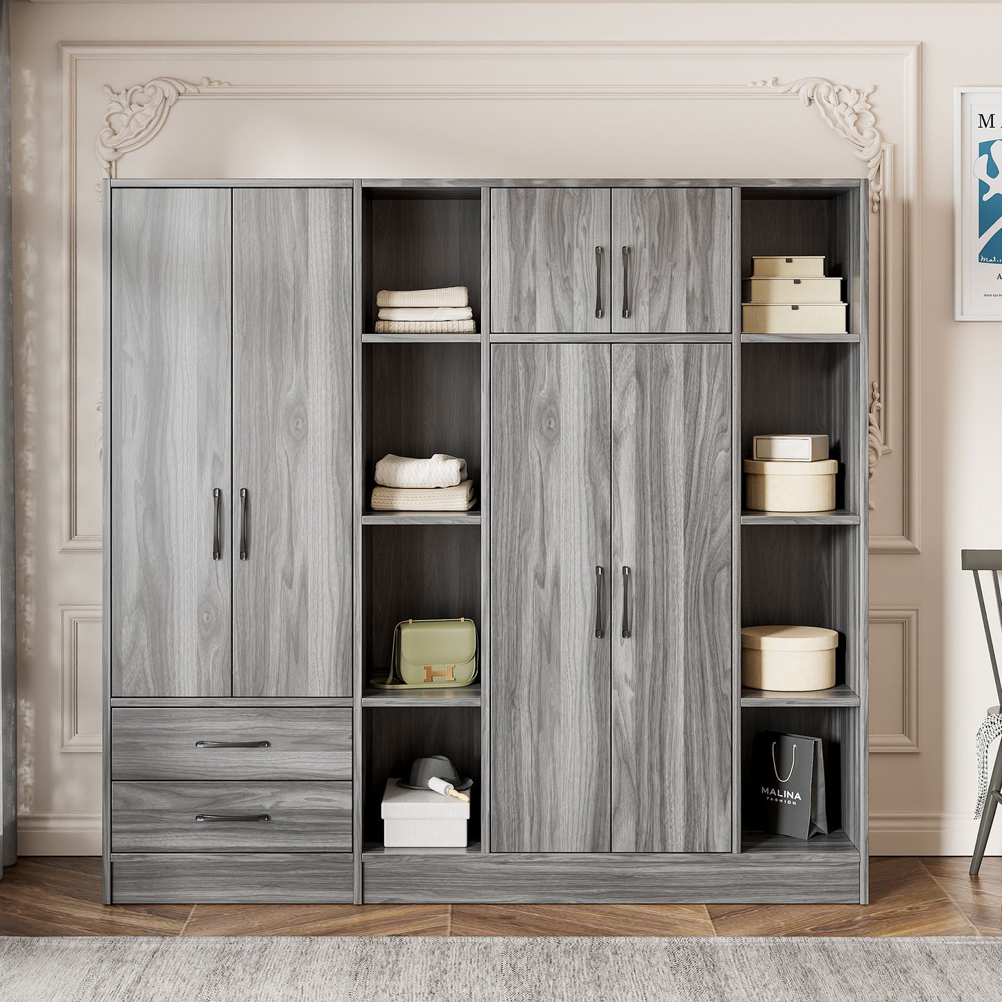 6 Door Wardrobe With Shelves And Drawers - Gray