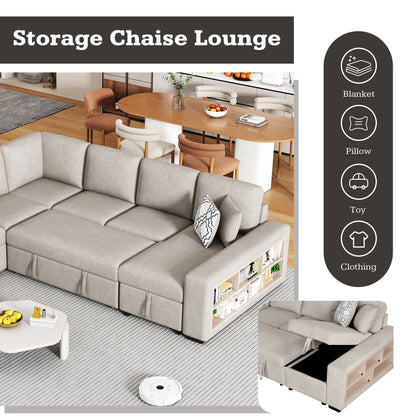 U-Shaped Sectional Sofa Pull-Out Sofa Bed With Two USB Ports, A Storage Chaise Lounge And Four Back Pillows For Living Room - Beige