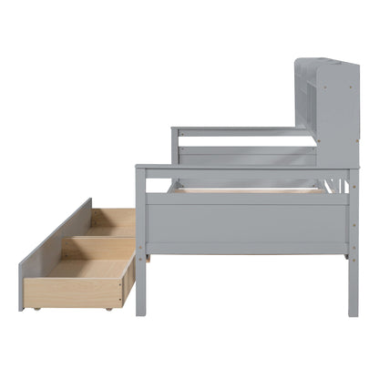 Twin Size Daybed, Slat Support, With Bedside Shelves And 2 Drawers - Gray