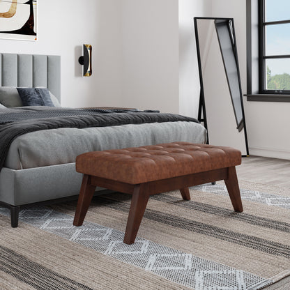 Draper - Mid Century Tufted Ottoman Bench - Distressed Saddle Brown