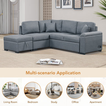 Sleeper Sectional Sofa, L-Shape Corner Couch Sofa - Bed With Storage Ottoman & Hidden Arm Storage & USB Charge For Living Room Apartment - Dark Gray