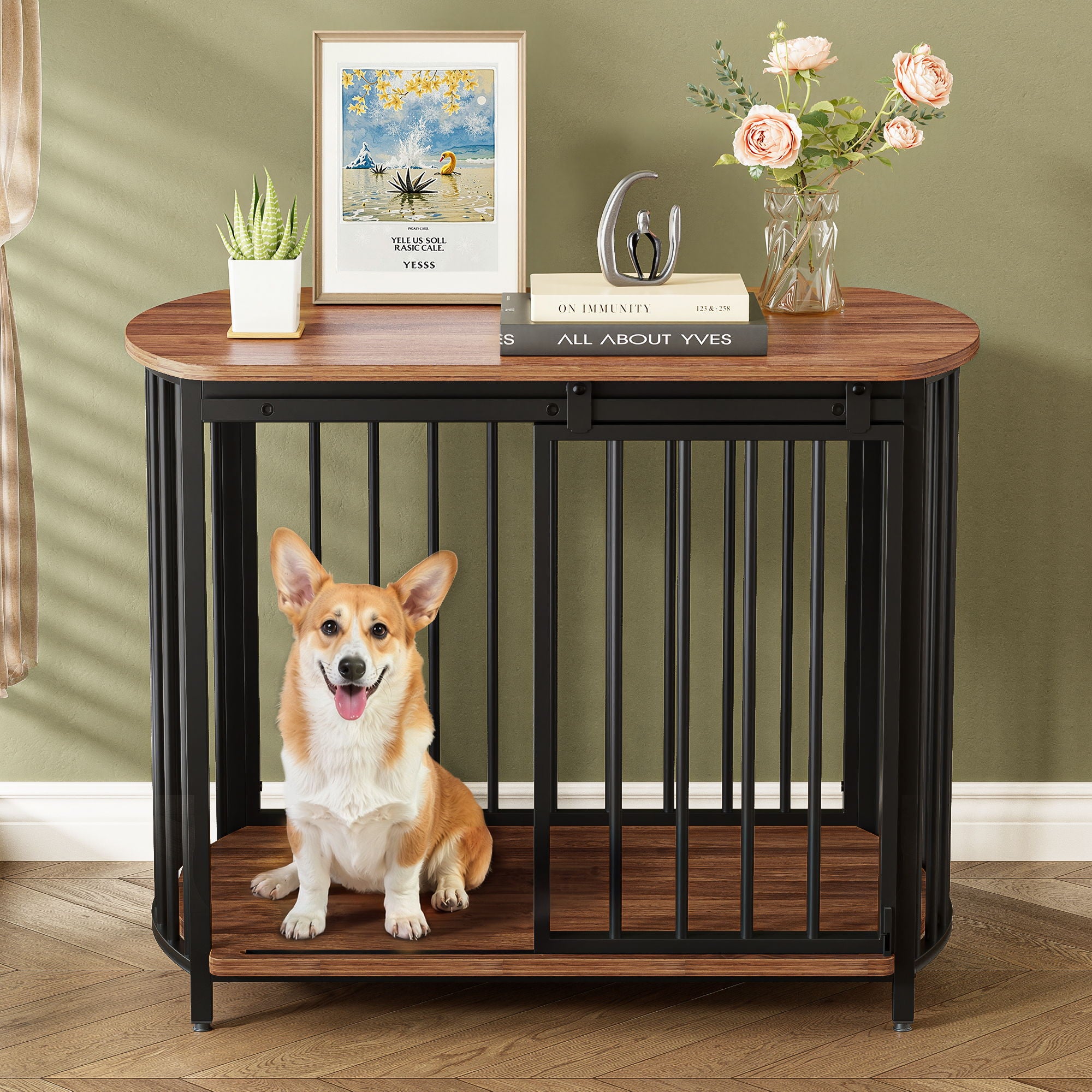 Furniture Style Dog Crate For Small And Medium Dogs, Wooden Cage Indoor Kennel Furniture, Modern Dog Crate End Table With Double Doors - Brown
