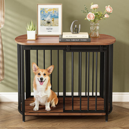 Furniture Style Dog Crate For Small And Medium Dogs, Wooden Cage Indoor Kennel Furniture, Modern Dog Crate End Table With Double Doors - Brown