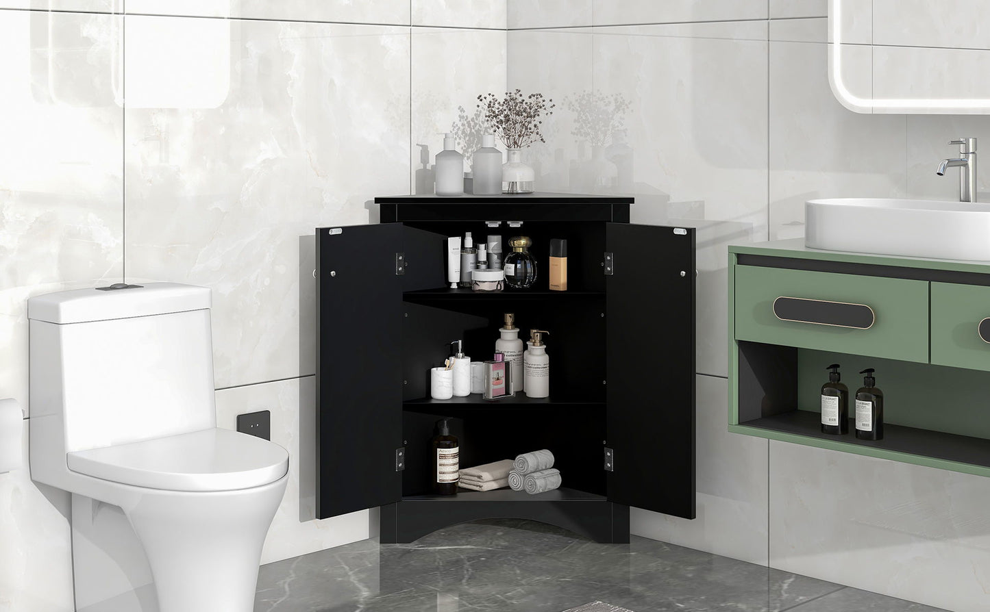 Triangle Bathroom Storage Cabinet With Adjustable Shelves, Freestanding Floor Cabinet For Home Kitchen - Black