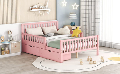 Full Size Platform Bed With Guardrails On Both Sides And 2 Storage Drawers - Pink