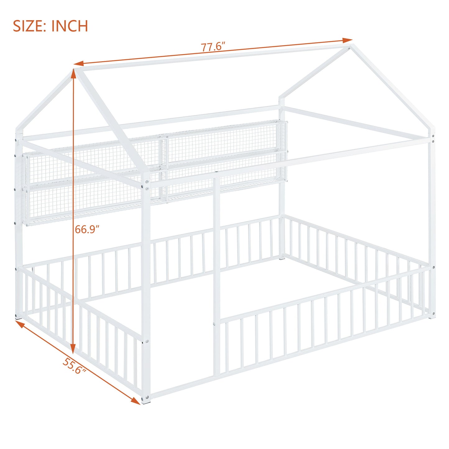 Full Size Bed House Frame With Fence And Shelves - White