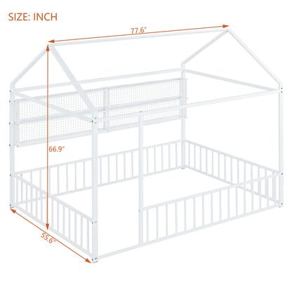 Full Size Bed House Frame With Fence And Shelves - White