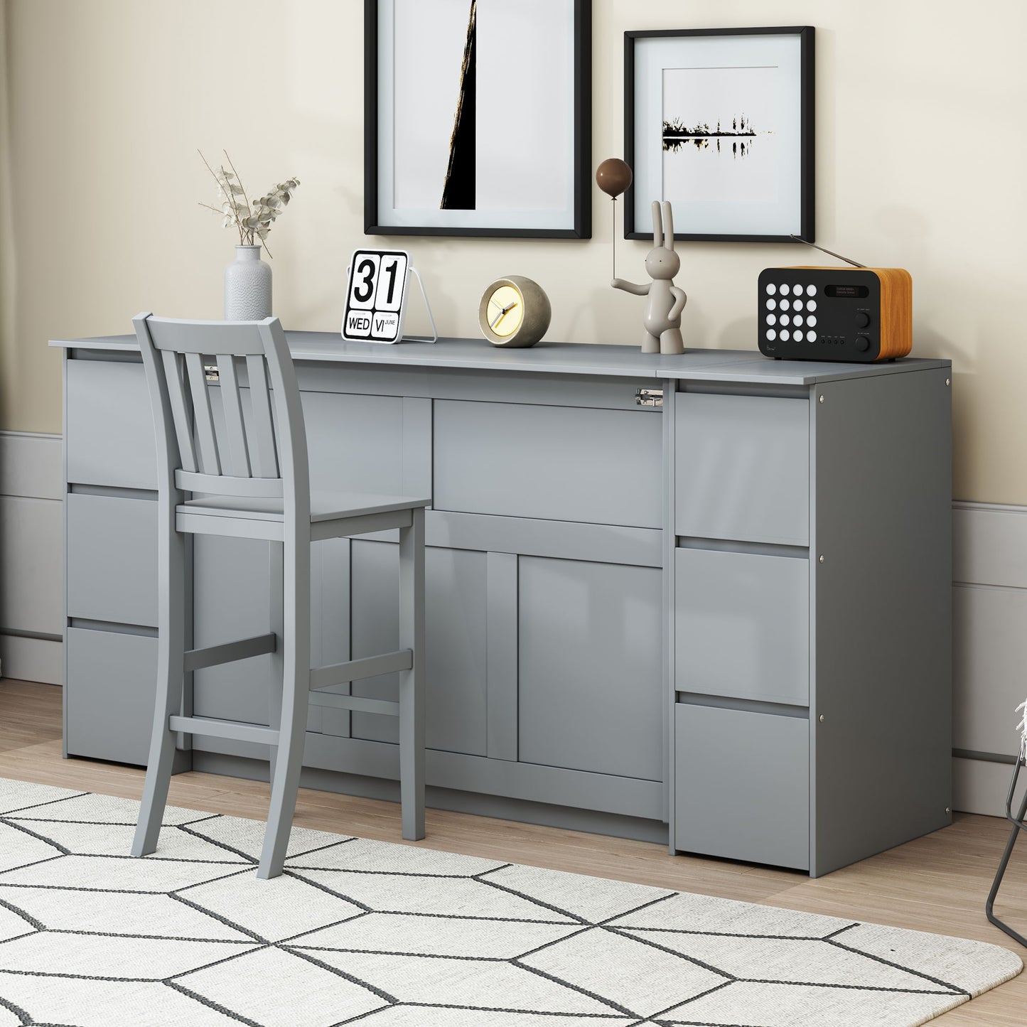Full Size Murphy Bed With Drawers, Cabinets, And USB Ports - Gray