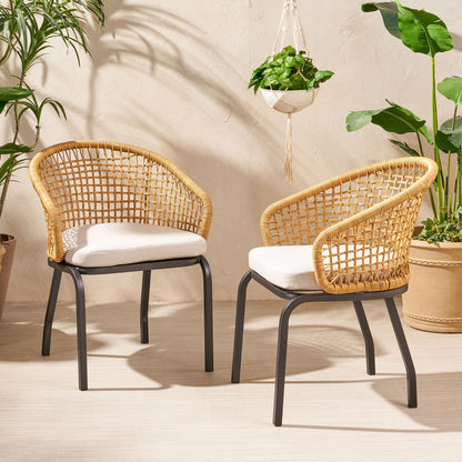 Outdoor Wicker Chair With Powder Coated Iron Legs - Light Brown