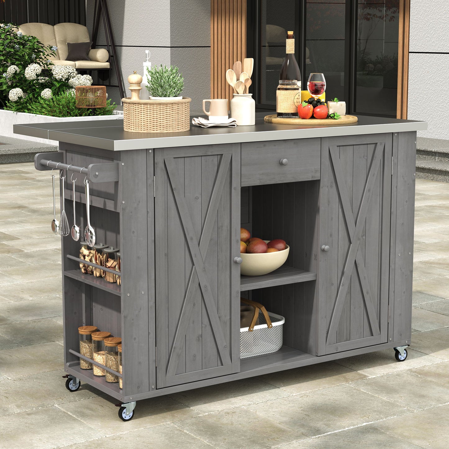 Outdoor Kitchen Island Fir Wood Kitchen Island With Stainless Steel Top, Ample Storage Space, Towel And Spice Racks And A Bottle Opener For Outdoor - Gray