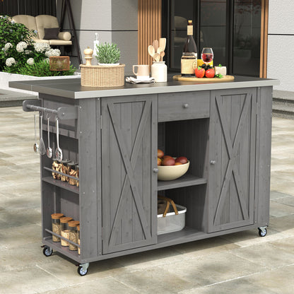 Outdoor Kitchen Island Fir Wood Kitchen Island With Stainless Steel Top, Ample Storage Space, Towel And Spice Racks And A Bottle Opener For Outdoor - Gray