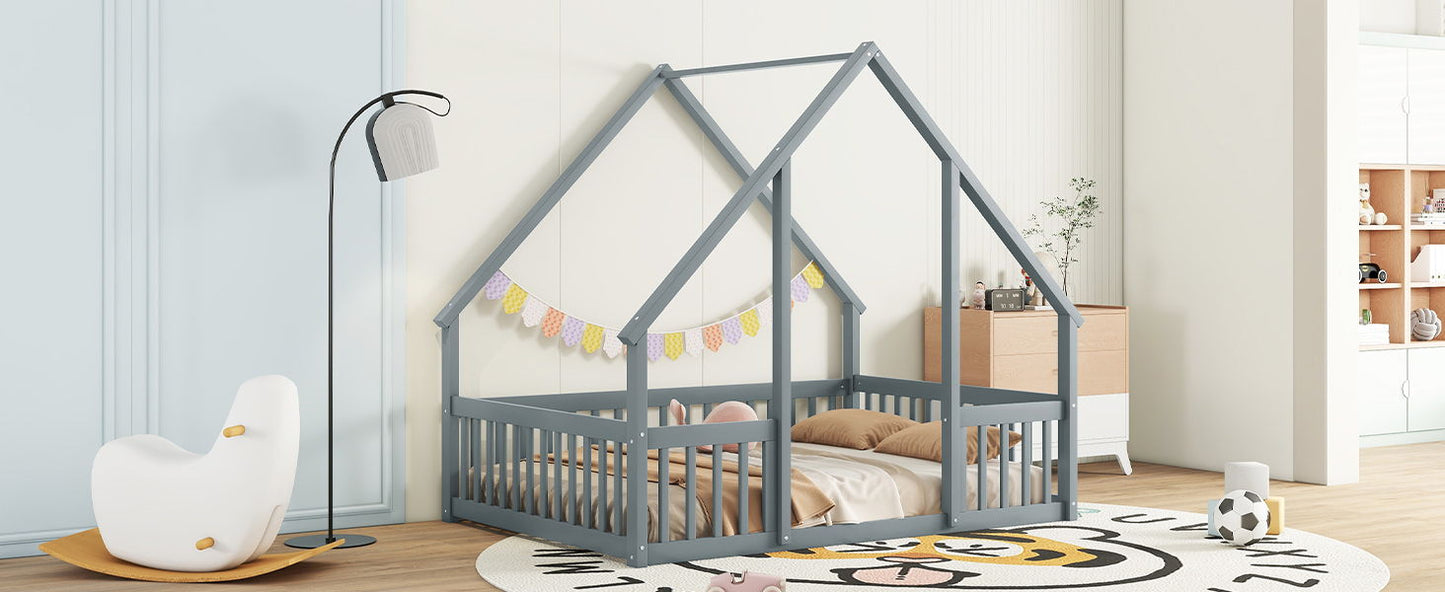 Full Wood House-Shaped Floor Bed With Fence, Guardrails - Gray