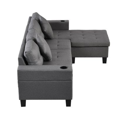 Sectional Sofa Set For Living Room With L Shape Chaise Lounge, Cup Holder And Left Or Right Hand Chaise Modern 4 Seat - Gray