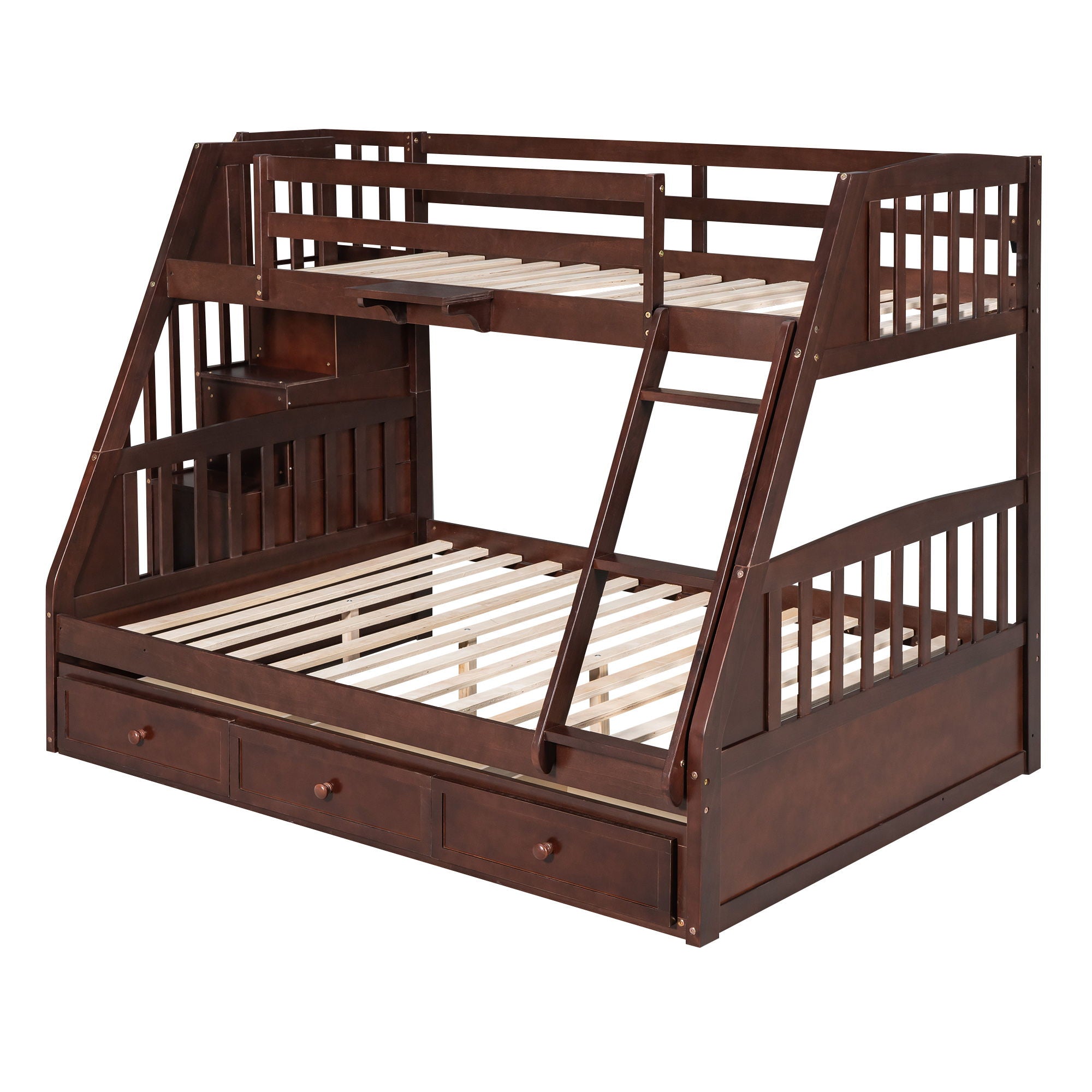 Twin Over Full Bunk Bed With Drawers, Ladder And Storage Staircase - Espresso