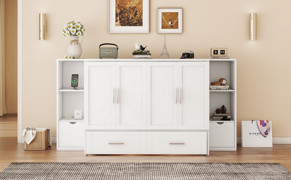 Full Size Murphy Bed With Shelves, Drawers And USB Ports - White