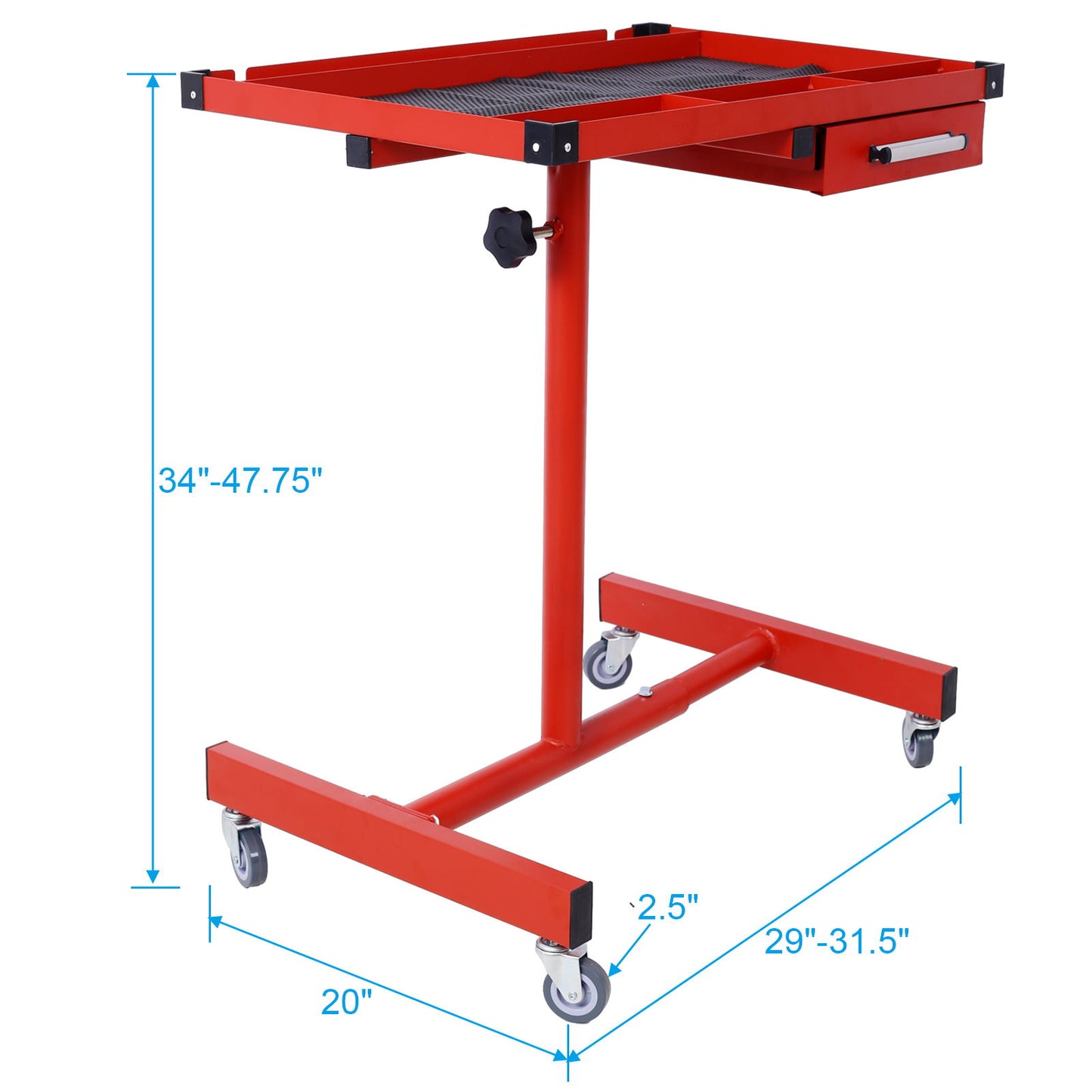 Adjustable Tear Down Work Table With Drawer For Garages, Repair Shops, And Diy, Portable, (4) 2.5" Swivel Casters, 220 Pound Capacity, Rubber Corners, Heavy Duty Steel - Red