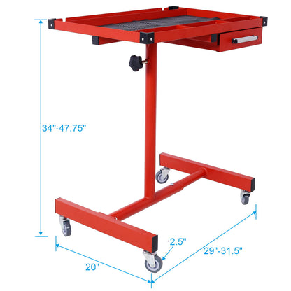 Adjustable Tear Down Work Table With Drawer For Garages, Repair Shops, And Diy, Portable, (4) 2.5" Swivel Casters, 220 Pound Capacity, Rubber Corners, Heavy Duty Steel - Red