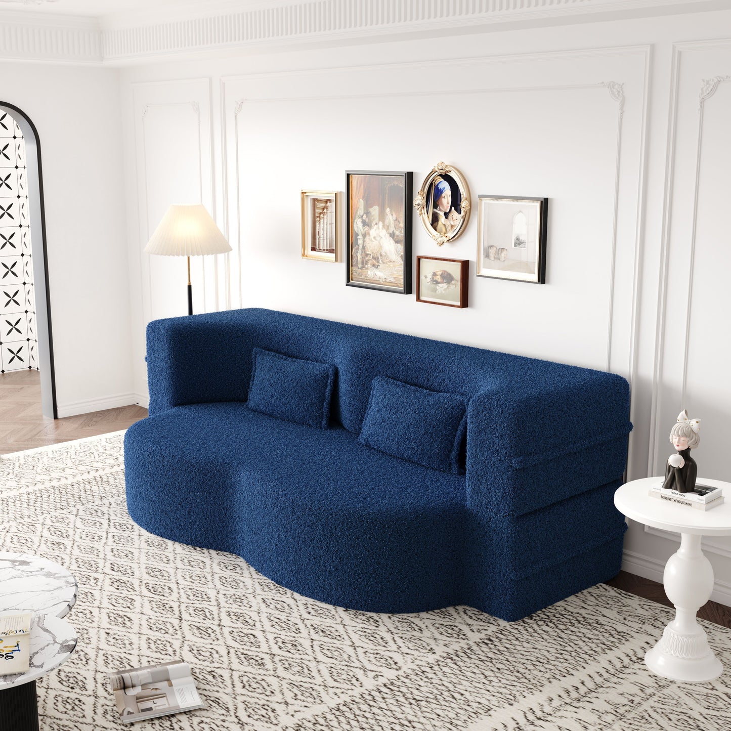 Modern Floor Sofa With 2 Pillows, Convertible Teddy Fabric Foam Filled Sleeper Sofa Bed, Full Size Folding Mattress For Living Room Guest Bed, Playroom, No Assembly Required - Blue