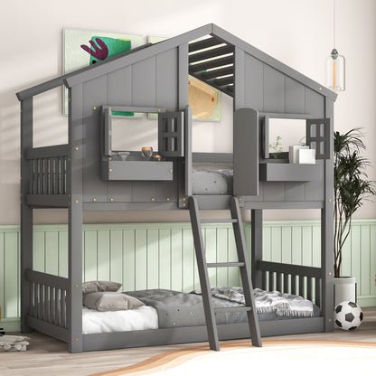 Twin Over Twin House Bunk Bed With Roof, Window, Window Box, Door, With Safety Guardrails And Ladder - Gray