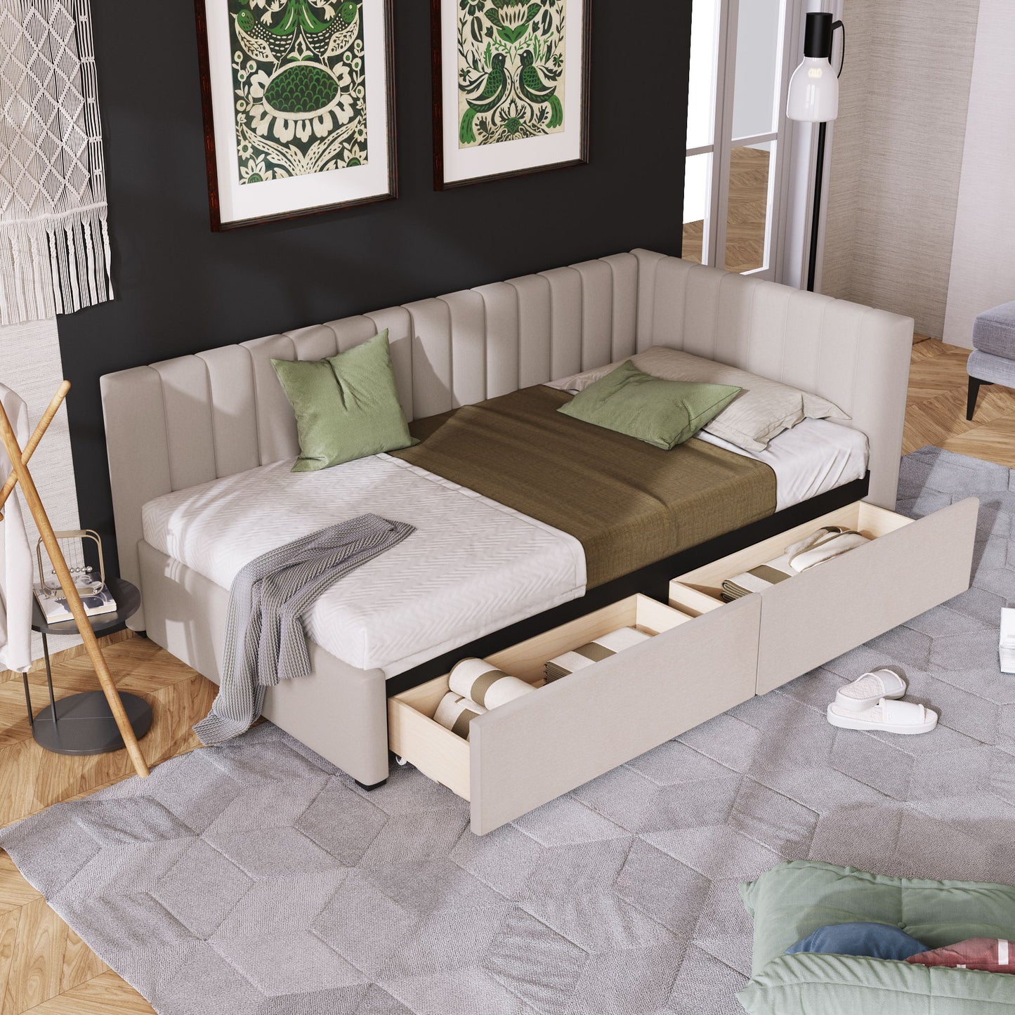 Twin Size Upholstered Daybed With 2 Storage Drawers, Sofa Bed Frame No Box Spring Needed - Beige