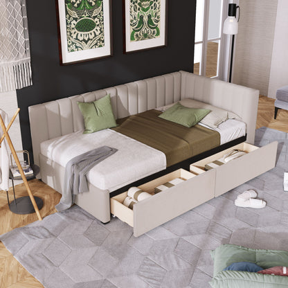 Twin Size Upholstered Daybed With 2 Storage Drawers, Sofa Bed Frame No Box Spring Needed - Beige