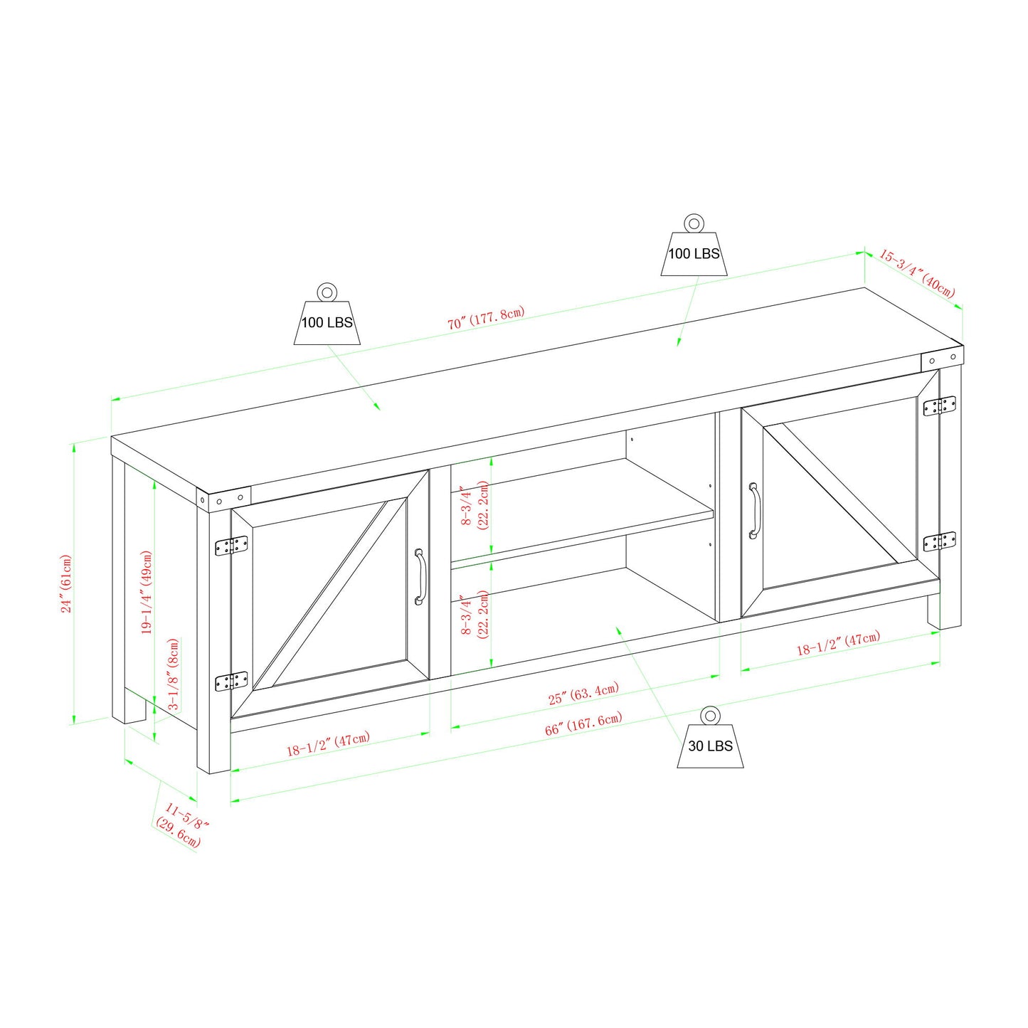 Rustic Farmhouse Double Barn Door 70" TV Stand For 80" TVs With Center Shelves - Stone Gray