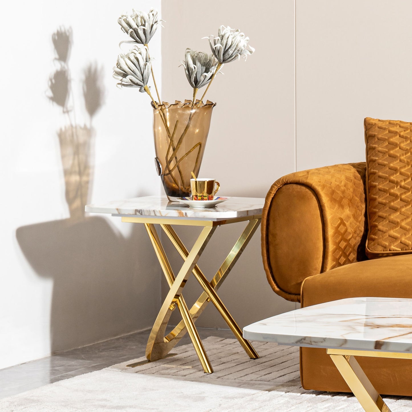 Contemporary Marble Pattern Top Side End Table With Stainless Steel Base, Square Shape - Gold